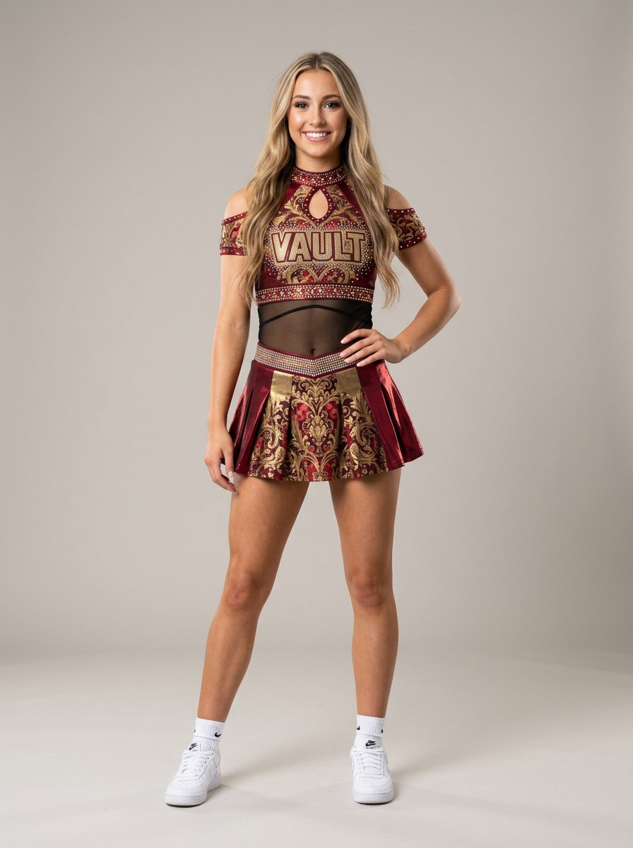 Crimson — custom All Star competition uniform, front view